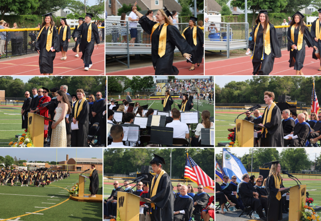 kids in cap and gowns speaking at a podium; some playing instruments